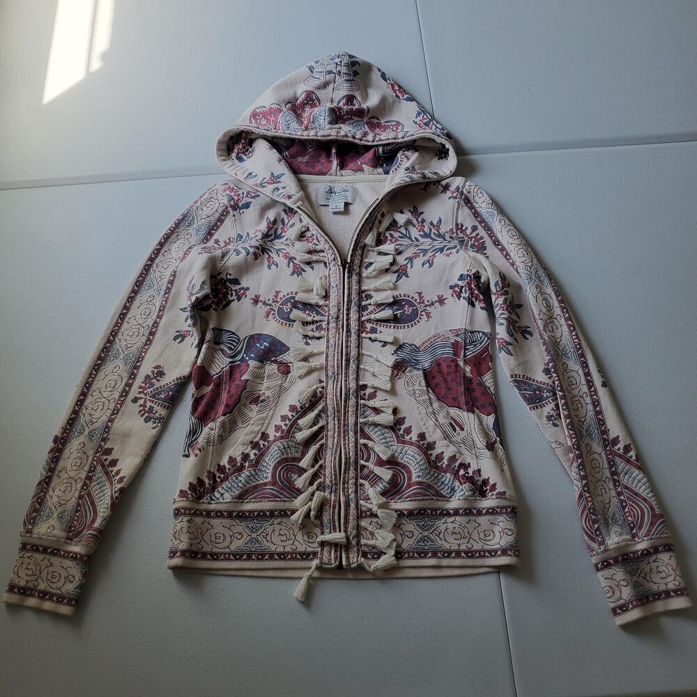 Y2K Lucky Brand Lucky Lotus Hoodie Small Paisley Tassel Full Zip Boho Graphic
